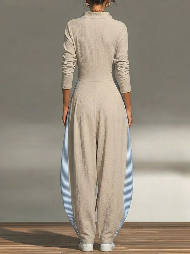 Structured Stand-Collar Striped Panel Jumpsuit