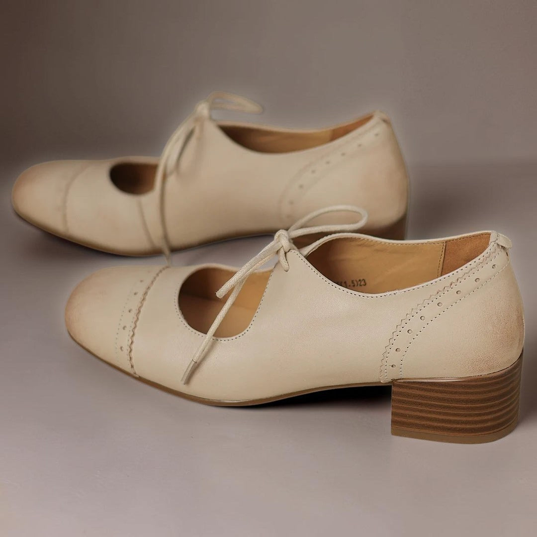 Constance | Carved Leather Oxfords with Low Block Heel