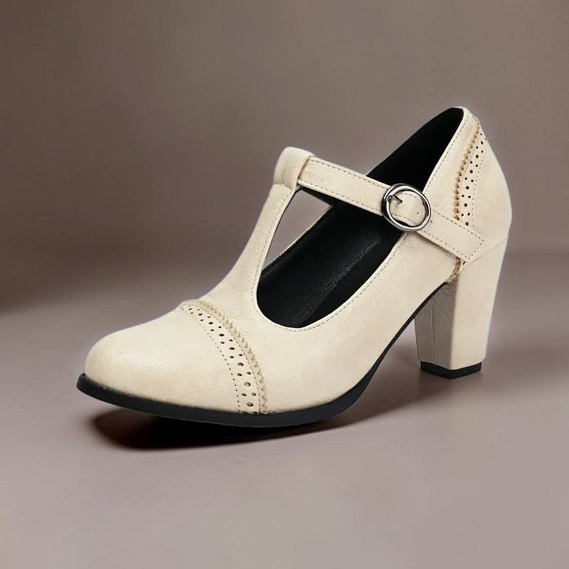 Wilhelmina | T-Strap Brogue Heels with Punched Detailing