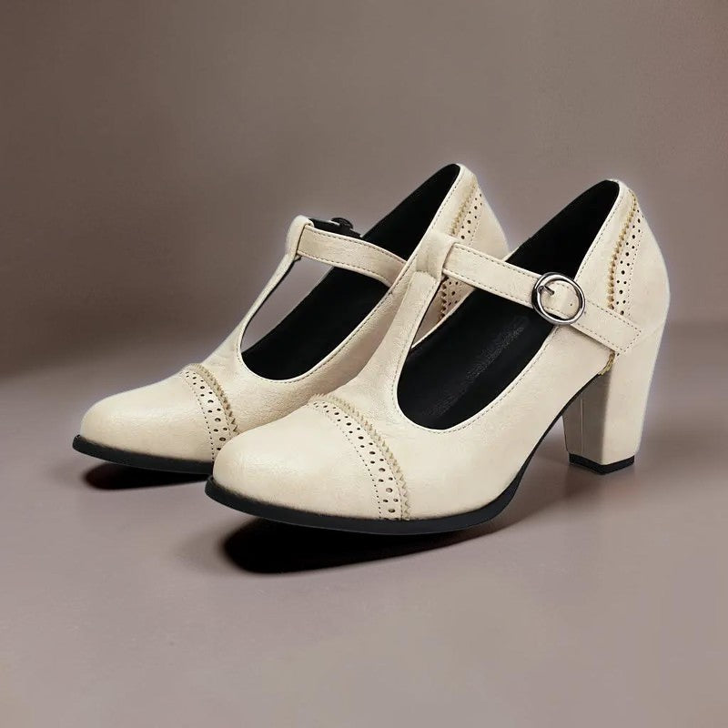 Wilhelmina | T-Strap Brogue Heels with Punched Detailing