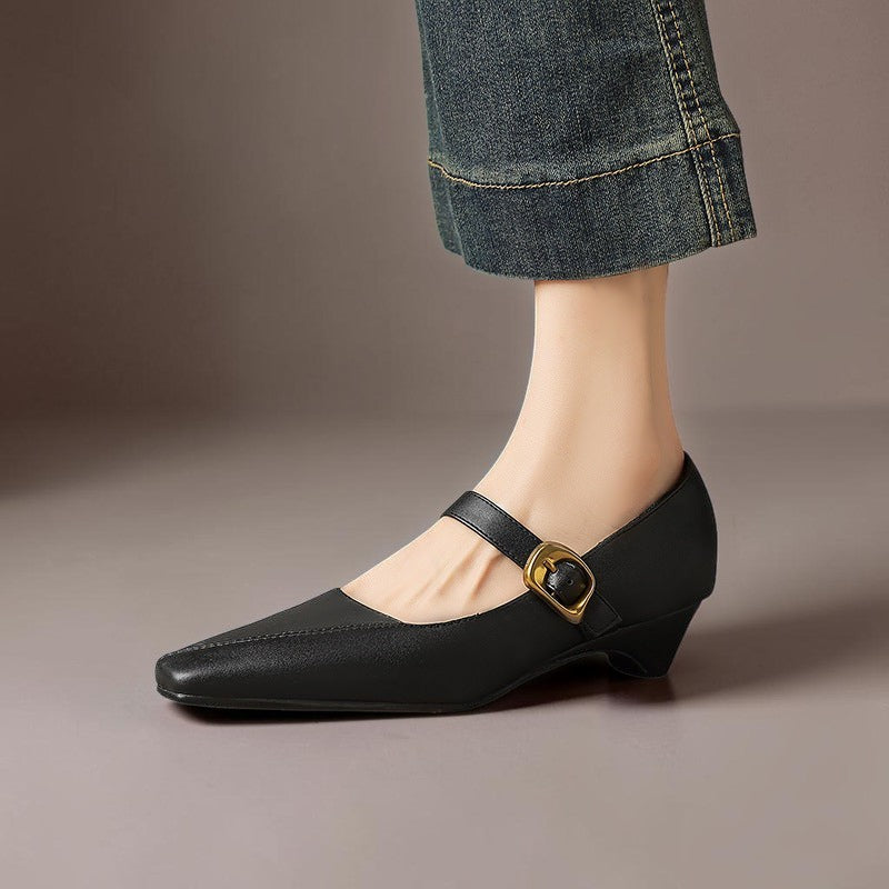Zorae | Paneled Mary Jane Block Heel with Gold Buckle