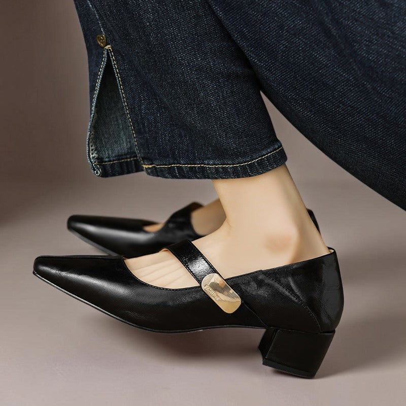 Quera | Chiseled Square-Toe Mary Jane Pump with Gold Bit