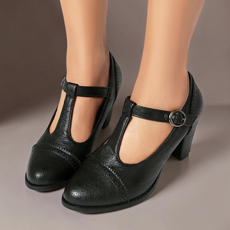 Wilhelmina | T-Strap Brogue Heels with Punched Detailing