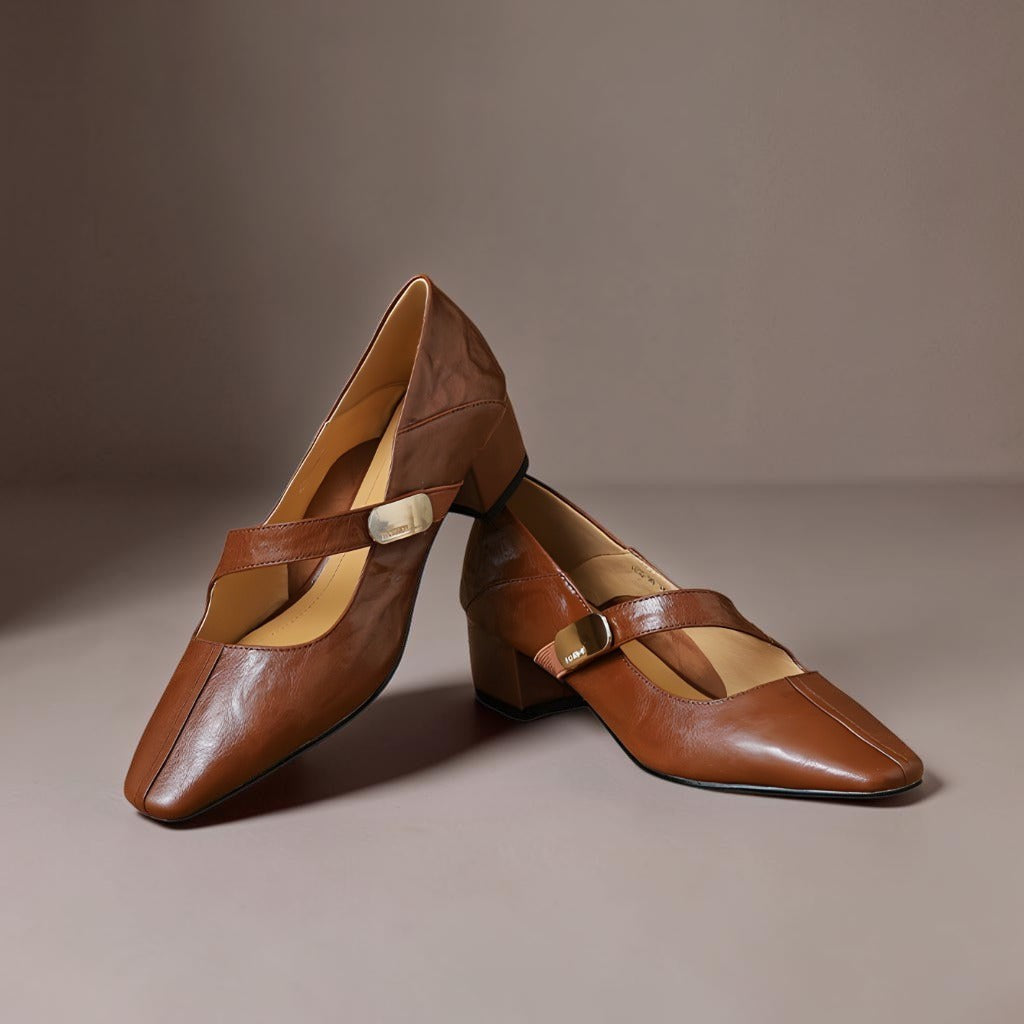 Quera | Chiseled Square-Toe Mary Jane Pump with Gold Bit