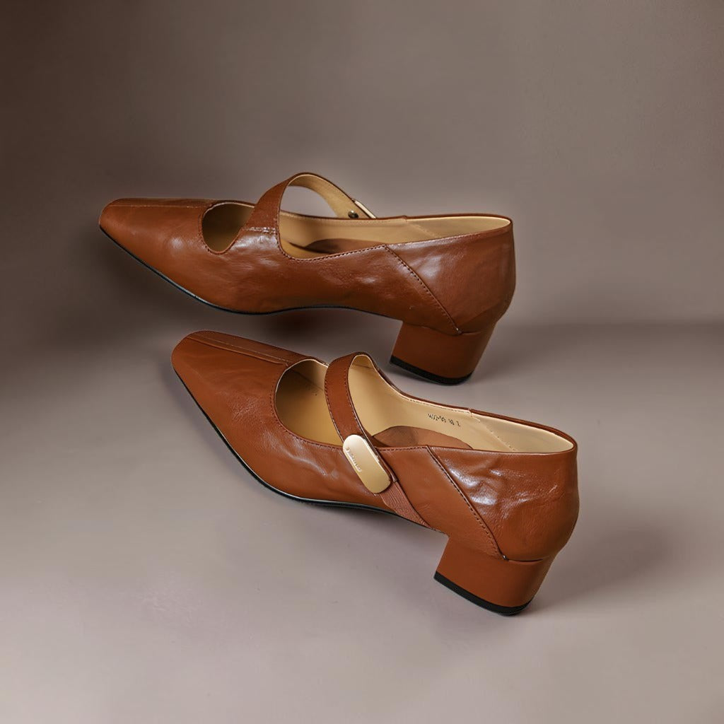 Quera | Chiseled Square-Toe Mary Jane Pump with Gold Bit