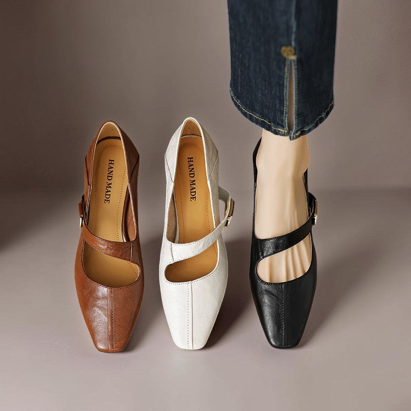 Quera | Chiseled Square-Toe Mary Jane Pump with Gold Bit