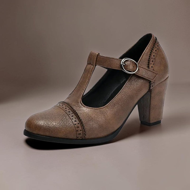 Wilhelmina | T-Strap Brogue Heels with Punched Detailing